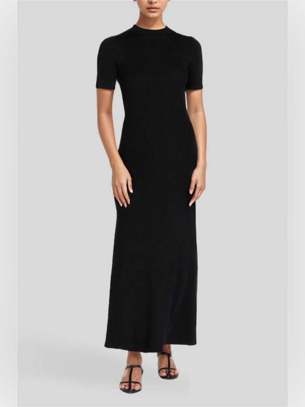 DISSH Donna Black Sleeved Midi Dress Knit Ribbed Chic Minimalist